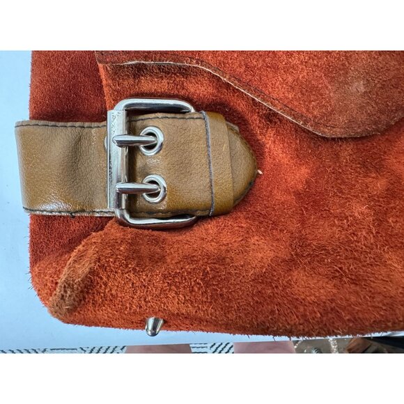 Vintage Rust Suede Handbag With Brown Leather Handles & Buckle Accents - Picture 6 of 16